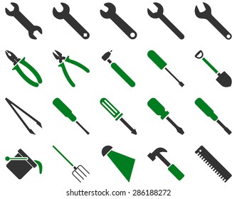 Equipment and Tools Icons. Vector set style: bicolor flat images, green and gray colors, isolated on a white background.