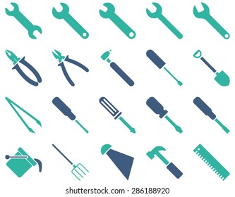 Equipment and Tools Icons. Vector set style: bicolor flat images, cobalt and cyan colors, isolated on a white background.