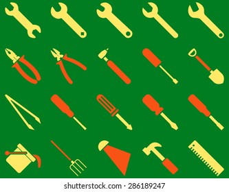 Equipment and Tools Icons. Vector set style: bicolor flat images, orange and yellow colors, isolated on a green background.