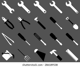 Equipment and Tools Icons. Vector set style: bicolor flat images, black and white colors, isolated on a gray background.