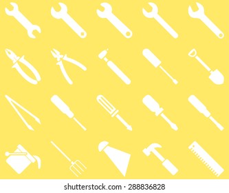 Equipment and Tools Icons. Vector set style: flat images, white color, isolated on a yellow background.