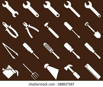 Equipment and Tools Icons. Vector set style: flat images, white color, isolated on a brown background.