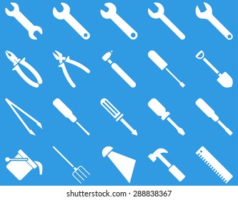 Equipment and Tools Icons. Vector set style: flat images, white color, isolated on a blue background.