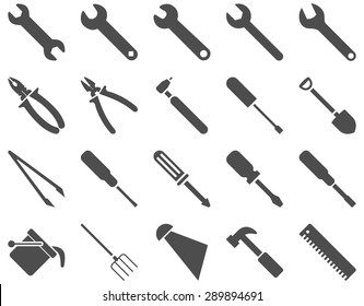 Equipment and Tools Icons. Vector set style: flat images, gray color, isolated on a white background.