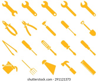 Equipment and Tools Icons. Vector set style: flat images, yellow color, isolated on a white background.