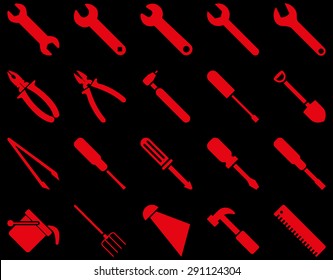 Equipment and Tools Icons. Vector set style: flat images, red color, isolated on a black background.