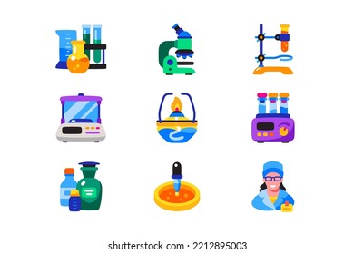 Equipment and tools for laboratory icon set vector illustration. Lab glassware and chemists accessories for researching flat style concept