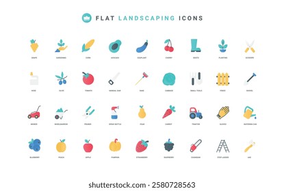 Equipment and tools for landscaping, farming color icon set. Farmers shovel and rake, organic vegetables and fruits from farm garden, gardeners boots, hose and fence flat elements vector illustration