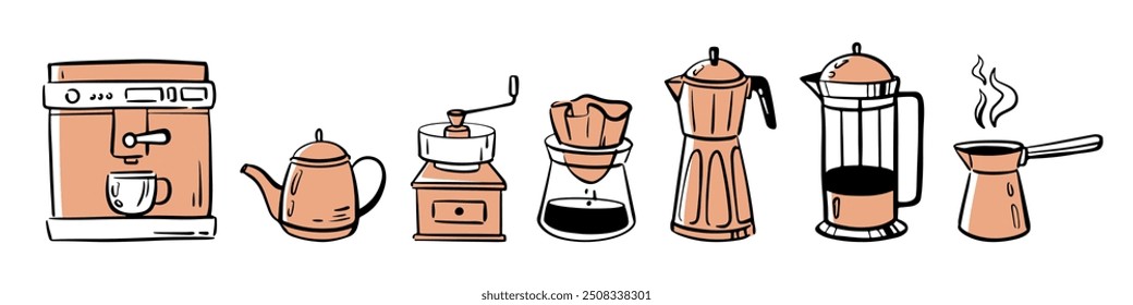 Equipment and tools for making coffee. Vector isolated set of coffee brewing methods. Retro coffeemaker, french press and italian geyser, turkish cezve. Cafe or restaurant, home preparing methods