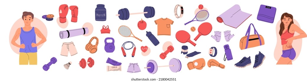 Equipment for training in the gym. Workout stuff. Clothing and equipment for sports. Flat Vector Illustration