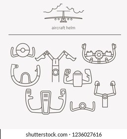 Equipment for transport driving logo set. Aircraft Helmet, rudder thin line icons. Vector illustration