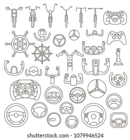 Equipment for transport driving set. Helmet, rudder, steering wheels thin line icons. Vector illustration