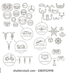 Equipment for transport driving set. Helmet, rudder, steering wheels thin line icons. Vector illustration