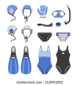 Equipamiento para hockey submarino de diferentes colores. Equipado con trajes de baño, baúles de baño, gorras, bastón, máscara, guantes, etc. El concepto de natación y deportes náuticos. Ilustración vectorial plana aislada.