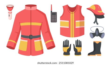 Equipamento e uniforme de bombeiro. Conjunto isolado de ícones planos, walkie talkie e máscara para proteção. Colete e terno, capacete e botas, luvas e lanterna para bombeiro em caso de emergência