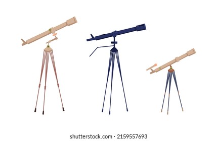 Equipment used in discoveries in astronomy. Isolated tools, telescope with powerful zooming lens on tripod stand. Observation and watching, magnifying instrument. Vector in flat style