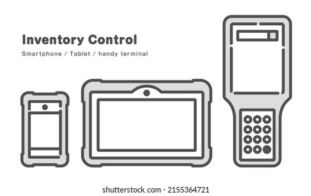 Equipment used for inventory control operations. Illustration of smart phones, tablets, and handheld terminals.