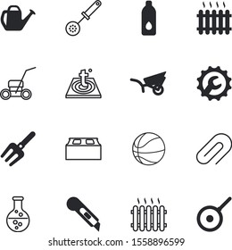 equipment vector icon set such as: interior, portable, standing, orange, test, cart, sharp, basket, hammer, competition, gadget, transport, spatula, outdoors, listen, wheelbarrow, audio, rake