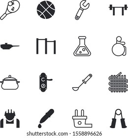 equipment vector icon set such as: workshop, player, big, racket, wire, ladle, innovation, home, bodybuilding, athlete, energy, lefthanded, pipette, beaker, up, palm, screw, leather, gymnastic