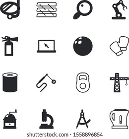 equipment vector icon set such as: robotic, draw, mechanical, loupe, rack, blank, lab, marketing, architect, beverage, preparation, play, tourism, athletic, grinder, measure, fire, caffeine, file