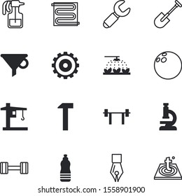 equipment vector icon set such as: drawing, transmission, gear, bowling, technical, spraying, sprinkling, drink, cooking, medicine, spanner, line, study, install, dig, wood, wheel, screwdriver, retro
