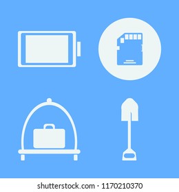 equipment vector icons set. with memory card, shovel, full battery and baggage cart in set