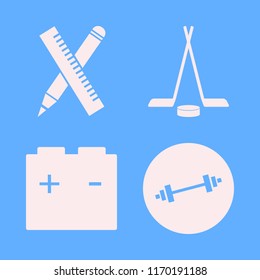 equipment vector icons set. with ruler and pencil, car battery, dumbbell and hockey in set