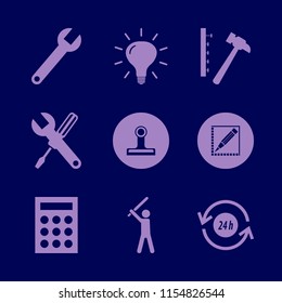 equipment vector icons set. with wrench screwdriver, calculator, paper clip and baseball player in set