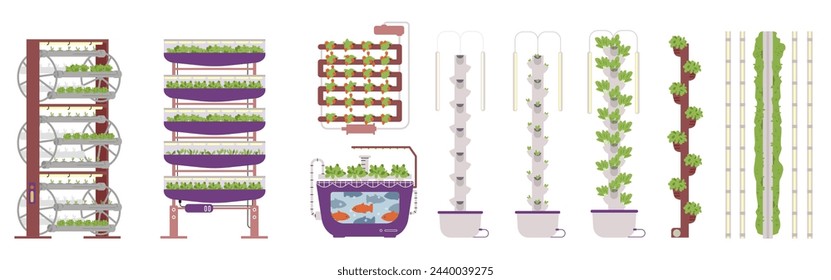 Equipment for vertical farming flat vector illustrations set. Aeroponic towers, aquaponic tank with fish and hydroponic pipes with crops and strawberry.