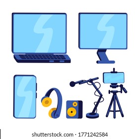 Equipo para conjunto de objetos vectores de color plano vlogger. Smartphone, computadora y micrófono. Configuración de la tecnología para grabar imágenes de dibujos animados aislados en podcast para el diseño gráfico web y la colección de animación