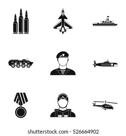 Equipment for war icons set. Simple illustration of 9 war vector icons for web