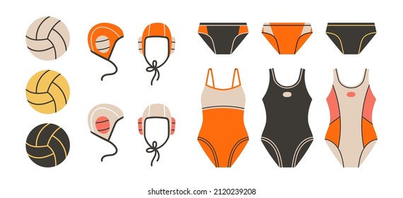 Equipment for water polo in different colors. Isolated flat vector illustration with. Set with swimsuits, swimming trunks, caps and balls for swimmers. Swimming pool and water sports concept.