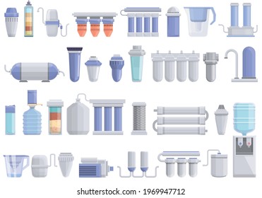 Equipment for water purification icons set. Cartoon set of equipment for water purification vector icons for web design