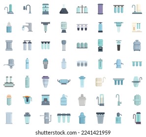 Equipment for water purification icons set flat vector. Filter treatment. Drink tank isolated
