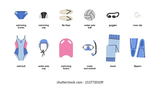 Equipment for water sports with text information. Isolated flat vector illustration with. Set with swimsuits, swimming trunks, caps and balls for swimmers. Swimming pool and sport shopping concept.