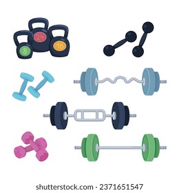 Equipment for weightlifting vector illustrations set. Collection of cartoon drawings of colorful dumbbells, kettlebells, barbells. Sports, fitness, healthy or active lifestyle concept