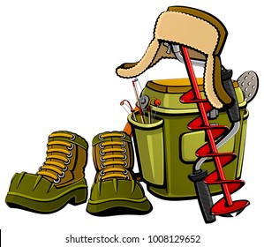 Equipment for winter ice fishing. Footwear for extreme winter recreation, a container with fishing rods, an ice drill, a fur hat with earflaps. All objects are separate and isolated. Set of images.