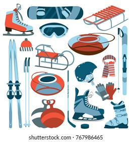 Equipment for winter sports and entertainment. Skis, skates, sleds, goggles, gloves, helmet, hat, scarf, hockey stick, puck, snowboard. Vector  design elements. 