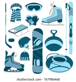 Equipment for winter sports and entertainment. Vector set of design elements. Skiing, figure skating, hockey skates, sleds, goggles, gloves, helmet, hat, scarf, hockey stick, puck, snowboard.