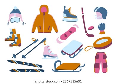 Equipment for winter sports.Hat ,jacket, trousers, snowboard, skis, skates, hockey stick gloves, helmet, sled. Illustration of winter sports accessories.Vector set