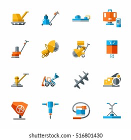 Equipment for working with concrete, construction equipment, icon color. Colored flat vector image of construction equipment and tools on white background. 