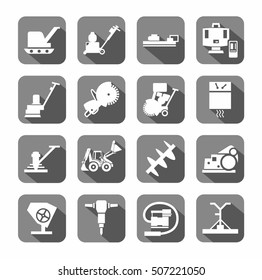 Equipment for working with concrete, construction equipment, icons, gray, flat. White, vector image of construction equipment and tools on a gray background with shadow. 