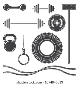 Equipment for the workout. Set of monochrome vector icons. Weights, barbells, dumbbells, sledge hammers, ropes, automobile tires and gymnastic rings. Isolated objects on white background.