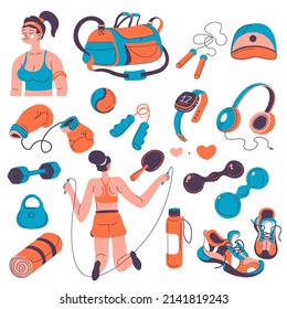 Equipment for workout, sports and training. Isolated watch and headphones, expander and boxing gloves. Jumping rope and comfortable shoes for jogging and running. Vector in flat style illustration