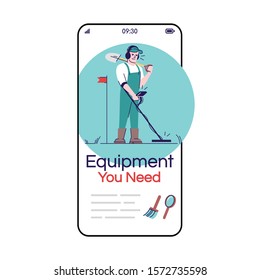 Equipment you need smartphone app screen. Mobile phone displays with cartoon characters design mockup. Archeologist gear. Ground scanning and digging tools application telephone interface