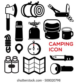 Equipments for camping are displayed as a black collection on the white background. 