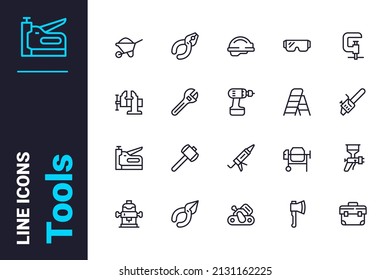 Equipments for renovation icons set vector illustration. Builders instruments for work line icon. Construction, fixing and repair concept