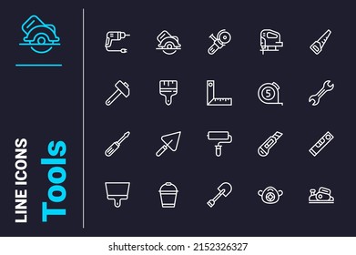 Equipments for renovation icons set vector illustration. Builders instruments for work line icon. Construction, fixing and repair concept
