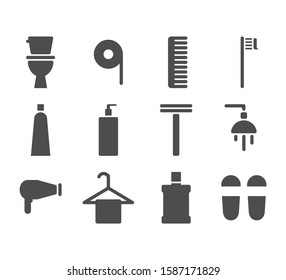 Equipments shower in toilet icons set.
