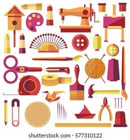Equipments vector poster for sewing and handmade on white. Inventory for sewing and knitting clothes, tools for making birdhouse and other, things for painting and making origami logos collection.